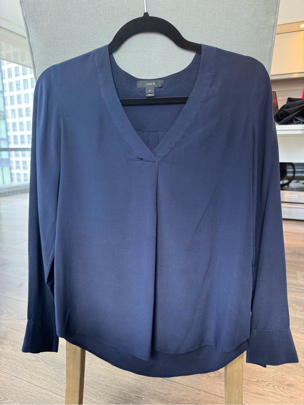 J. Crew Navy V-Neck Long-Sleeve Silk-Like Blouse